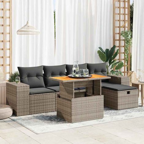 6-tlg. Garten-Sofagarnitur mit Kissen Grau Poly Rattan Akazie vidaXL (1/5)