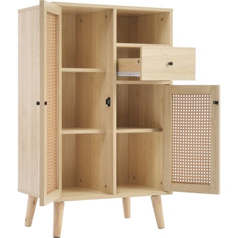 Buffet en bois imitation chêne avec 2 portes en rotin et 1 tiroir, meuble d'angle de 60x40x101 cm (1/5)