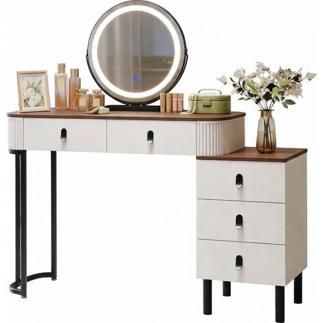 ELVMI Coiffeuse avec 5 Tiroirs, Miroir LED Pivotant à 360° et Rangement Latéral Réglable, 100 x 40 x 125 cm, Marron et Blanc (1/5)