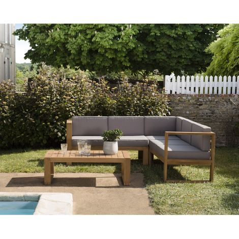 KIM - Salon de jardin bois teck canapé d'angle 5p. et table basse rect (1/3)