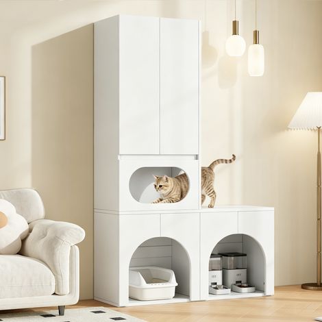 Mueble para arenero de gato y perro, que incluye un rascador y una zona de descanso, color blanco, 140 x 45 x 195 cm. (1/5)