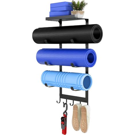 Support mural à 4 niveaux pour tapis de yoga, support de rangement pour salle de sport à domicile, équipé d'étagères et de 5 crochets. (1/5)