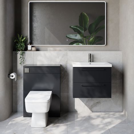 Napoli 390 Cento Gloss Grey 1200mm Wall Mounted 2 Drawer Vanity Unit and Toilet Suite with Glide Basin - 1200mm - Gunmetal Grey 320mm HandleWith Kingston Toilet Pan and Seat