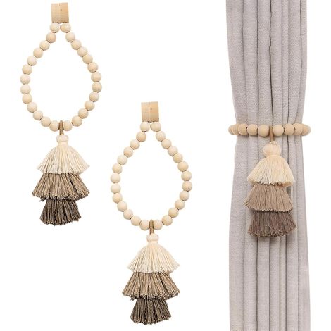 2 Pièces Embrasse Rideau Magnetique, Perles Bois Naturel, Corde Chanvre, Pompons Décoratifs, Pour Salon Chambre Bureau