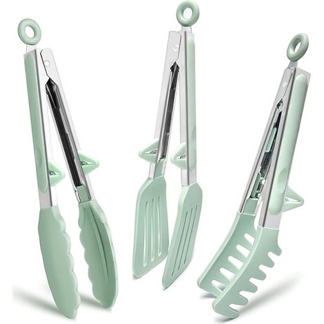 Küchenzange aus Edelstahl, 23 cm, mit Silikonspitzen, für Grill, Pasta, Salate und Buffets, hellgrün