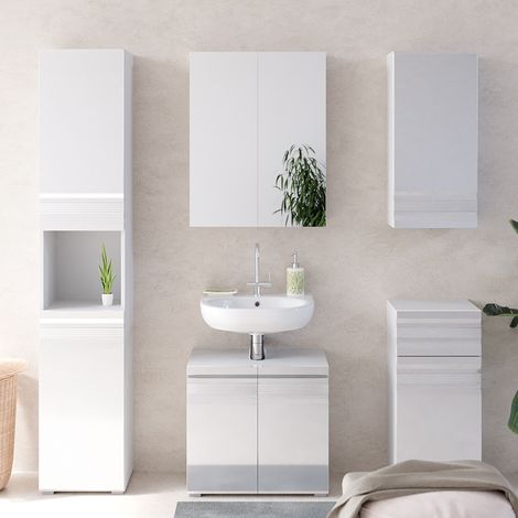 Conjunto de muebles de baño Freddy, Blanco alto brillo, 5 piezas, Vicco