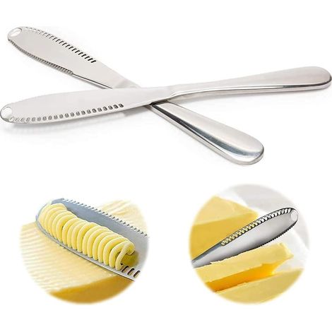 Lot de deux couteaux à beurre trois en un en acier inoxydable pour tartiner et couper les fruits et fromages