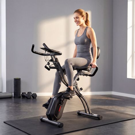 Vélo d'exercice pliable avec 8 niveaux de résistance, volant d'inertie, écran LCD, Bluetooth, moniteur de fréquence cardiaque et siège réglable (1/5)