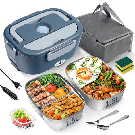 Lunch Box Chauffante Électrique 65W, 3 en 1 Portable, Gamelle Chauffante en Acier Inoxydable avec 2 Boîtes Amovibles, 12V/24V/220V pour Voiture, Camion et Bureau (Gris, 1,5 L) (1/5)