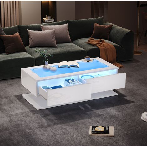 LED-Couchtisch 100 x 50 x 35 cm mit 2 Schubladen, Tischplatte aus Sicherheitsglas, weiß HAVRYA (1/5)