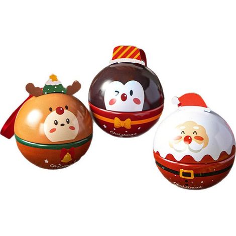 Tre piccole scatole di latta rotonde natalizie, ornamenti per l'albero di Natale, decorazioni natalizie, scatole regalo a forma di pupazzo di neve e renna