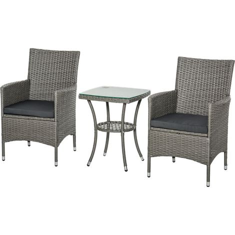 Salon de jardin en polyrattan pour 2 personnes, 3 pièces avec 2 chaises et table, coussins inclus, couleur grise (1/5)