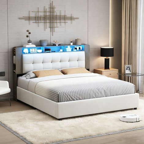 POCKETPOP Letto contenitore 160x200 cm in velluto bianco sporco con LED e ricarica senza fili