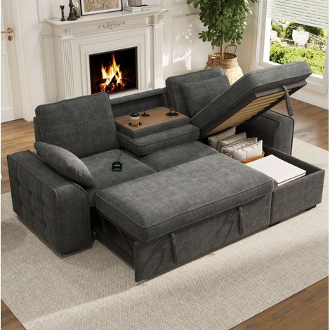 Canapé d'angle 3 places gris en chenille 237x141x86 cm, convertible avec rangement (1/5)