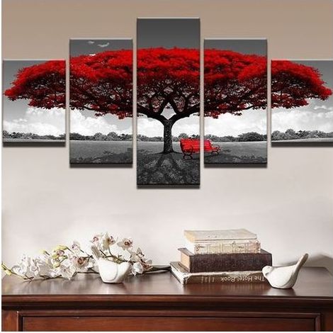 5 Pcs / Ensemble Moderne Toile Peinture Décor Rouge Arbre Art Toile Peinture à L'Huile Image Imprimer Sans Cadre-Fei Yu (1/5)