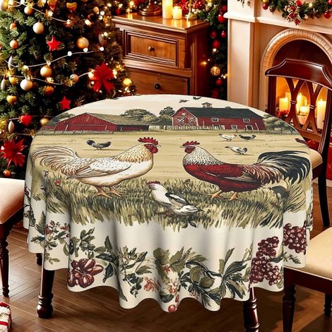 Nappe ronde à motif de poules de ferme et de campagne (1 pièce), nappe de table à thème estival, infroissable, idéale pour une ambiance champêtre. (1/4)