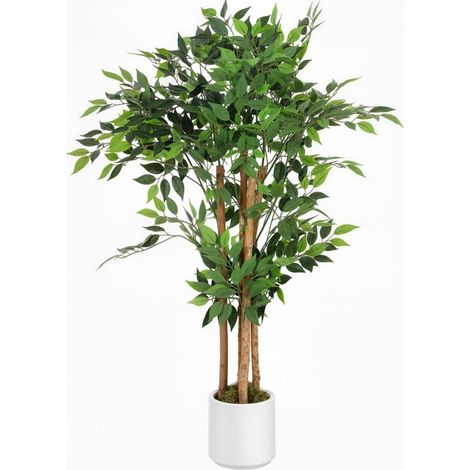 Plante artificielle banyan ultra réaliste 55 x 55 x 120 cm verte, feuilles réglables, pot blanc lesté pour salon, chambre ou bureau  CHICFURN (1/5)