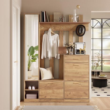Mobile ingresso con specchio 133x23,5x180 cm scarpiera salvaspazio corridoio 3 ante a ribalta 1 cassetto appendiabiti ganci legno truciolato moderno naturale (1/5)