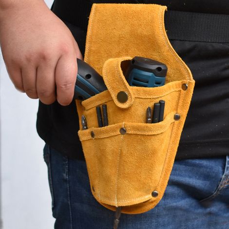 Multifunktionale Gürteltasche für Elektrowerkzeuge, aus gelbem Rindsleder. (1/5)