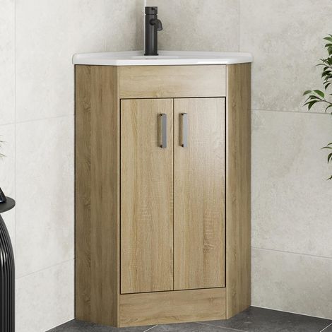 Bathroom Double Door Corner Vanity Unit Basin 1 Tap Hole Freestanding 585mm Oak (1/5)