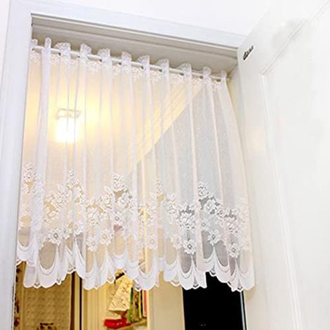 Green Mobility-Rideaux en tulle transparent brodé - Rideaux courts - Rideaux mi-mollet style champêtre - Une pièce, tringle non incluse - Blanc - 150 x 90 cm
