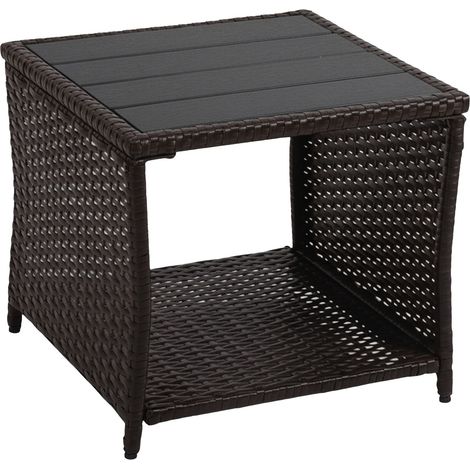 Relaxdays Balkontisch, HxBxT: 40 x 45 x 45 cm, wetterfest, Polyrattan, WPC, Stahl, eckiger Garten Beistelltisch, braun