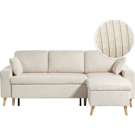 Loungitude – Canapé d'angle convertible réversible avec coffre en velours côtelé – 2 coussins – Dimensions coffre 113 x 55 x 22,5 cm – Beige (1/5)