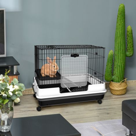 Jaula de metal negro para conejos y cobayas con 2 puertas y bandeja extraíble de 81,2 x 52,7 x 70 cm.