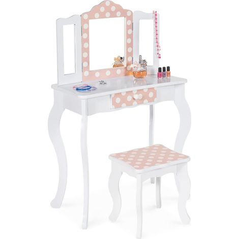Kinderfrisiertisch ROZA weiß und rosa mit 3 Spiegeln und Hocker