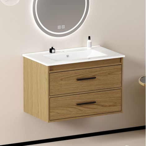 Mobile bagno 75 cm, ampio spazio con 2 cassetti, montaggio semplice, ceramica e MDF, rovere chiaro (1/5)
