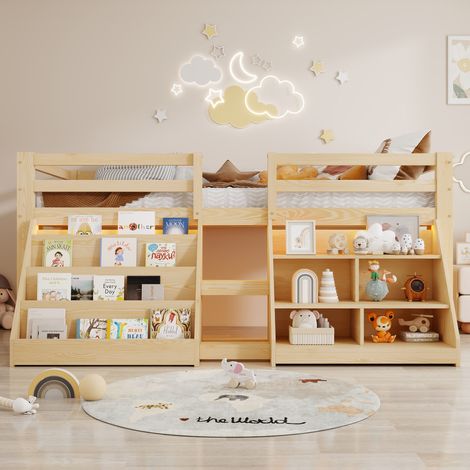 Lit mi-hauteur enfant 90x200 cm avec LED, rangements, barrières et échelle, bois de pin, sans matelas, naturel (1/5)