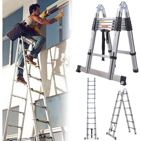 Dayplus – Échelle télescopique 3,8 m – Acier inoxydable – 12 marches antidérapantes – Charge max 150 kg – Stabilisateur inclus – Escabeau 1,9 m
