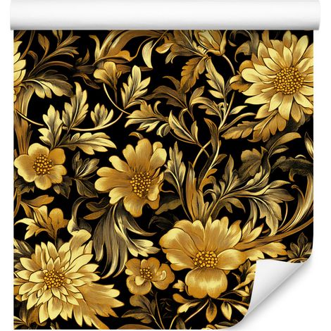 Papier peint ocre hibiscus doré, base ocre pour salon et chambre 50x1000 cm (1/5)
