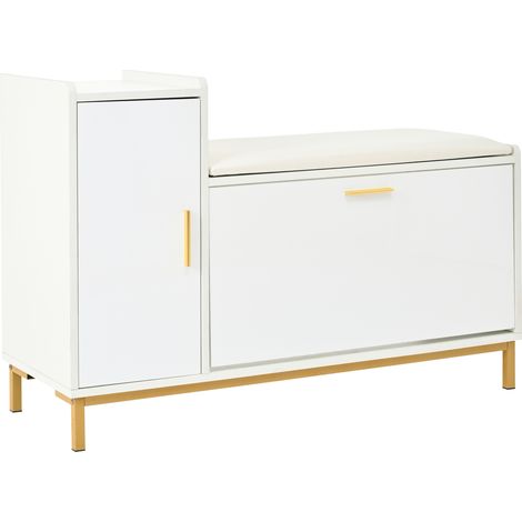 Banc de rangement avec 2 étagères à chaussures et 1 armoire, finition blanc brillant et pieds métalliques dorés, 100 x 38 x 68 cm (1/5)