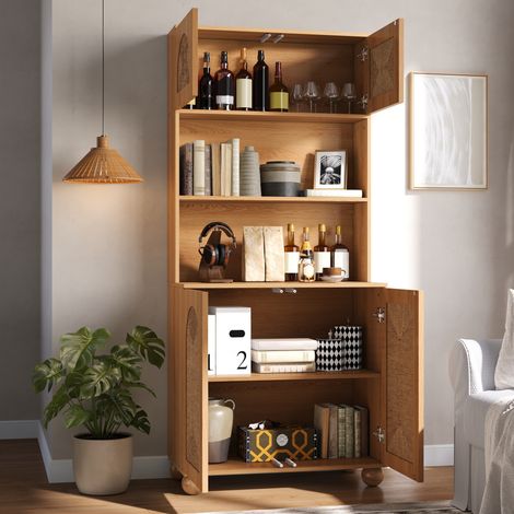 Armoire haute en bois composite à 3 compartiments avec portes en cannage, niche ouverte et étagère réglable pour salon et entrée (1/5)