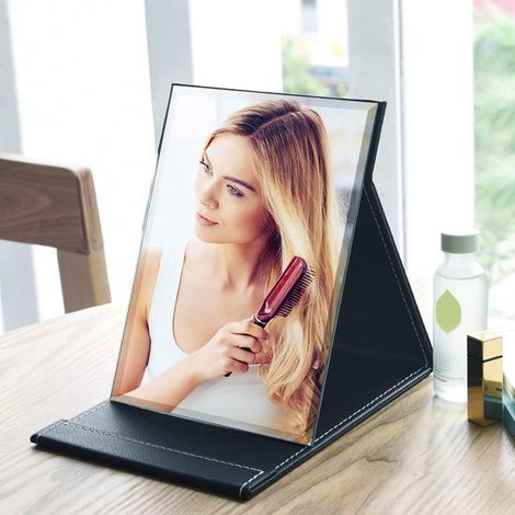 Longziming - Miroir de voyage pliable 25x18 cm – Miroir de table portable à angle réglable – Miroir de maquillage HD de luxe avec revêtement en cuir PU – Miroir de maquillage compact pour la maison, l (1/5)
