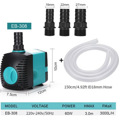 Pompe à eau submersible pour fontaine (3000 l/h, 60 W) avec 3 buses, hauteur de refoulement de 3,5 m, tuyau d'arrosage de 1,5 m (1/4)
