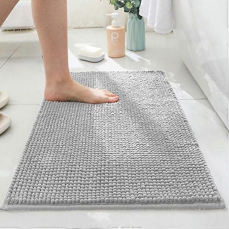 Tapis de bain en chenille, 60 x 40 cm, ultra-absorbant, antidérapant, décoratif, lavable en machine, pour douche et baignoire, gris (1/4)