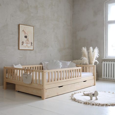 Cama 140x200 con barandilla somier y cajones Agnès Madera (1/4)