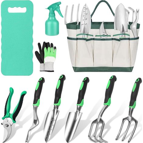 10 Pièces Kit Outils Jardinage Adulte avec Sécateur, Vaporisateur, Genouillères, Gants Travail, Petite Pelle, Houe, Sarcloire et Sac Toile, Outillage de Jardin pour Entretien Plantes Extérieur (1/5)