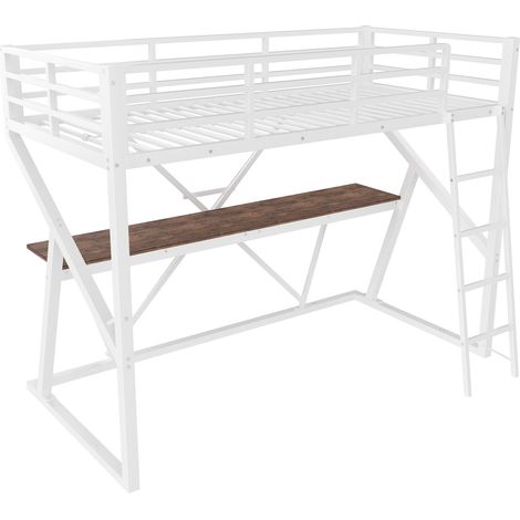 Cama alta 90 x 200 cm de metal blanco con escritorio, LED, barandillas y escalera (1/5)