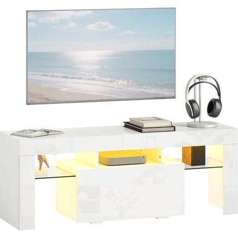 Meuble TV, meuble télé avec éclairage LED RGB, haute brillance, étagères en verre trempé, 120x34x45cm, blanc (1/4)