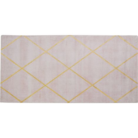 Alfombra de viscosa rosa con patrón geométrico dorado 80 x 150 cm para salón y dormitorio Atike (1/5)