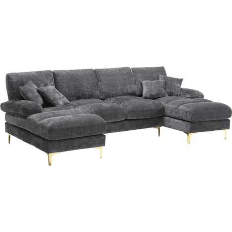 CHICFURN Divano angolare a U 272x136x88 cm in ciniglia grigia, doppia chaise longue 4 posti (1/5)
