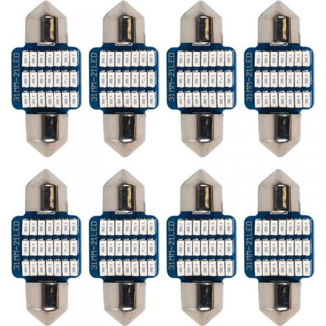 8 Pezzi Lampada Led Siluro 31mm Canbus T11 SV8.5 C5W C10W 21 SMD 3014 12V 1W 160lm Luce Colore Blu