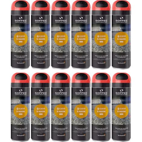 Lot de 12 Bombes à tracer chantiers TP Fluo S MARK - Rouge 500ml