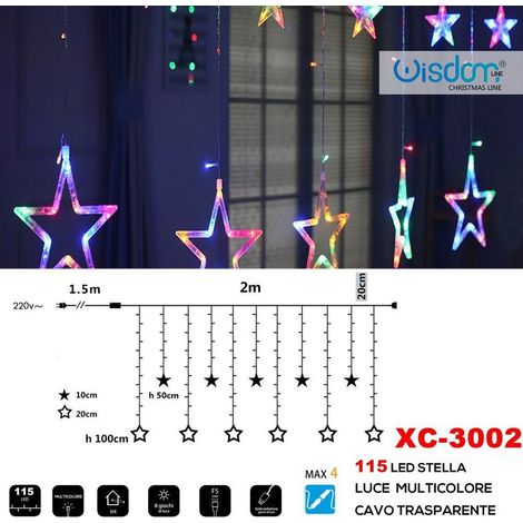Wisdom - Tenda Luminosa Natalizia 115led Stelle Luce Multicolore Cavo Trasparente Xc-3002 -