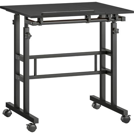 Bureau assis-debout réglable en hauteur - 70 x 60 cm, noir - À roulettes avec plateau inclinable et cadre en métal - Pour télétravail, bureau - Design ergonomique (1/5)
