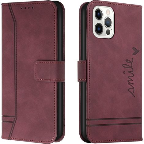 CUSTODIA FLIP PER APPLE IPHONE 13 PRO MAX 6.7"" IN PELLE PU BORDEAUX CON SCRITTA (1/5)