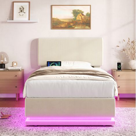 Cama dormitorio con LED y USB C con almacenaje beige HAVRYA (1/5)
